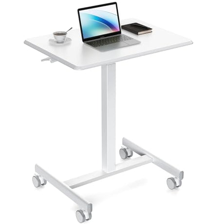 Sweetcrispy Small Mobile Standing Desk, Rolling Laptop Computer Carts, Portable Laptop Desk with Wheels, Adjustable Height Table for Home Office, White Sweetcrispy
