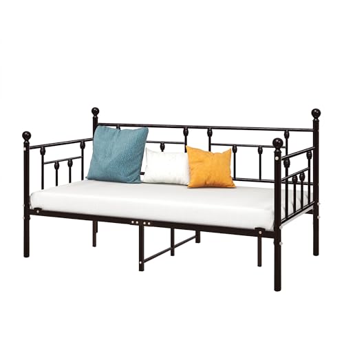 HOMERECOMMEND Metal Daybed Frame Twin Metal Slats Platform Base Box Spring Replacement Bed Sofa for Living Room Guest Room (Twin, Black Sanded) HOMERECOMMEND