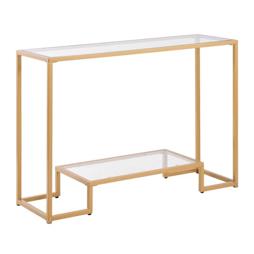 VEVOR 2-Tier Glass Console Table, Modern Rectangle Sofa Side Table with Tempered Glass Top and Iron Legs, Golden Consloe Desk with Anti-Tip Device for Living Room, Hallway, Entryway, Foyer, Golden VEVOR