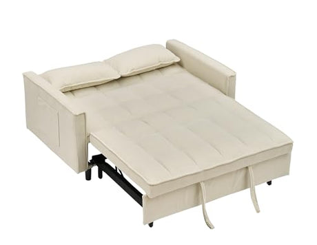 PBOGHLRD Modern Corduroy Loveseat Futon Sofa Couch with Pullout Bed, Small Lounge Sofa with Reclining Backrest, Folding Sleeper Sofa Bed for Living Room, Bedroom, Office, Apartment (Beige) PBOGHLRD