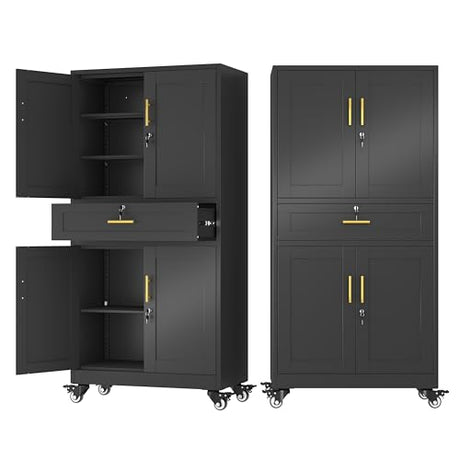 AUEYTVR 61" Metal Garage Storage Cabinet with Wheels and Locking Doors and Tall Rolling Steel Tool Cabinet with 5 Adjustable Shelves for Garage,Home,Office,Shop (Black, 71" H x 35.43W x 15.74" D) AUEYTVR