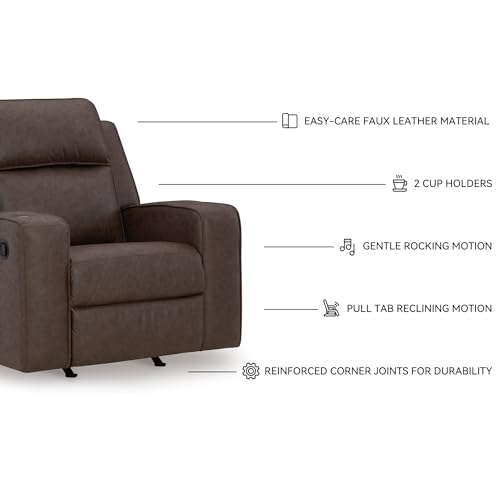 Signature Design by Ashley Lavenhorne Contemporary Faux Leather Upholstered Manual Rocker Recliner with 2 Cup Holders, Dark Brown Signature Design by Ashley