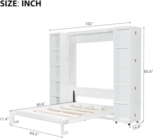 MERITLINE Queen Murphy Bed Cabinet with Storage Bookshelf Bookcase, Wood Hidden Foldable White Murphy Wall Bed with Storage Shelves for Adults MERITLINE