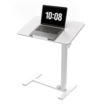 DUMOS Adjustable Overbed Bedside Table with Hidden Wheels, Mobile Standing Desk with Pneumatic Lift, Portable Computer Workstation Cart for Bed, Couch, Office, Sofa, White