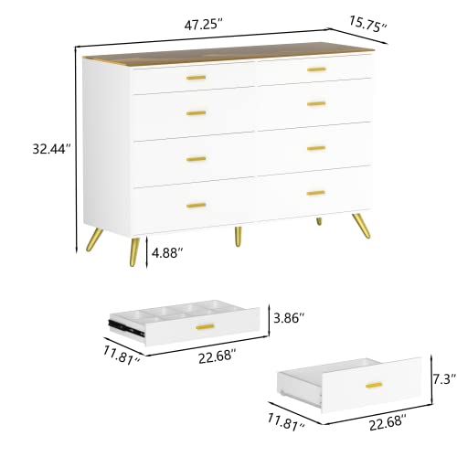 PAKASEPT White Dresser with LED Lights for Bedroom,8 Drawer Dressers with Tempered Glass Top,Chests of Drawers with 2 Grid Drawer,Storage Organizer Dresser for Hallway,Living Room PAKASEPT