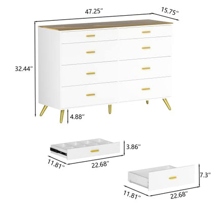 PAKASEPT White Dresser with LED Lights for Bedroom,8 Drawer Dressers with Tempered Glass Top,Chests of Drawers with 2 Grid Drawer,Storage Organizer Dresser for Hallway,Living Room - WoodArtSupply