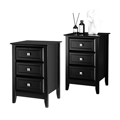 Bonnlo Upgraded 3 Drawers Night Stands for Bedrooms Set of 2, Wooden Black Nightstand Stylish, Modern Bed Side Table/Night Stand for Small Spaces, College Dorm, Kids’ Room, Living Room, 24H Bonnlo