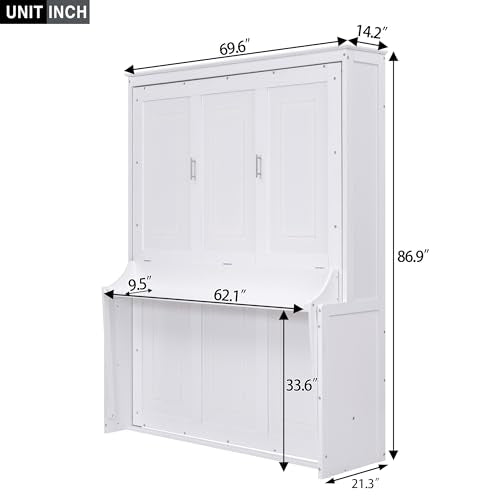 FAVSH Queen Size Murphy Bed with Shelf, Modern Solid Pine Wood Wall Bed, Space-Saving Hidden Bed,Fold-The-Way Bed for Bedroom,No Box Spring Needed,White FAVSH
