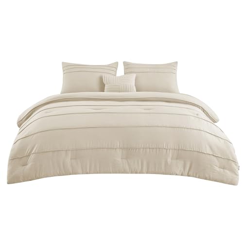 Bedsure Full Comforter Set - 4 Pieces Pinch Pleat Bed Set, Linen Boho Bedding for All Season, 1 Soft Comforter, 2 Pillowcases, 1 Decorative Pillow Bedsure