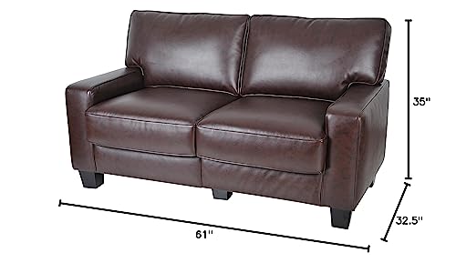 Serta Palisades 61" Track Arm Sofa, Durable Bonded Leather, Soft Pillow Back, Pocket Coil Seat Cushions, Loveseat or Couch for Small Spaces, Living Rooms or Bedrooms, Chestnut Brown