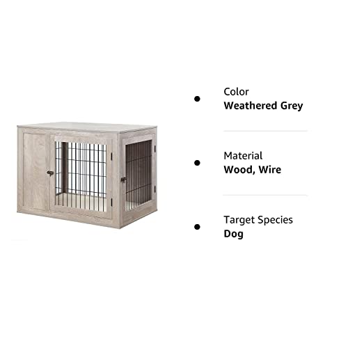 unipaws Furniture Style Dog Crate for Medium Large Dogs, Indoor Aesthetic Dog Stuff Kennel, Modern Decorative Wood Wire Pet House Dog Cage, Pretty Cute End Side Table Nightstand, Weathered Gr - WoodArtSupply