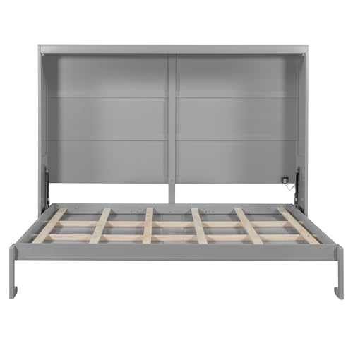 Virubi Queen Horizontal Murphy Bed with LED Lights,Wood Folding Hideaway Fluted Modern Murphy Wall Bed for Adult Guest Room Living Room Bedroom (Grey) Virubi
