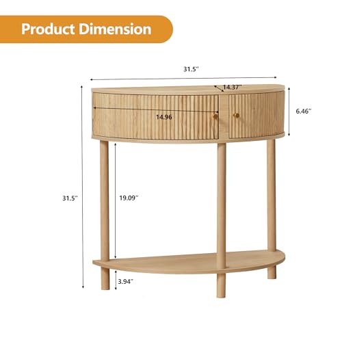 XUZENEST Fluted Half Moon Console Table, Modern Small Entry Table Sofa Table with Storage, Solid Wood Legs Narrow Entryway Table for Living Room, Hallway, Foyer(Natural) XUZENEST