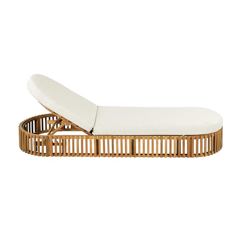 Merax Acacia Wood Chaise Lounge with Curved Cushion, Outdoor Sun Lounger for Patio, Poolside and Garden, Teak Finish Wood Recliner, 80.8" L, Supports 300 lbs, Cream
