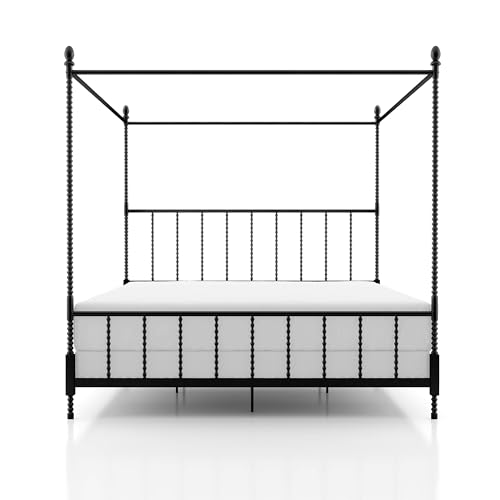 Furniture of America Vaeli Modern Metal King Size Four Poster Bed Frame with Spindles, Canopy Bedframe for Bedroom, Guest Room, Box Spring Required, Black