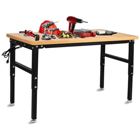 60'' Adjustable Workbench with Power Outlet, 2000 Lbs Capacity Work Benches for Garage, Wood Heavy Duty Work Bench,Shop Table for Shop Office Home Commercial FORJAMINT