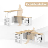 Timechee 63" Large Electric Standing Office Desk with Drawers, Modern Executive Deep L Shaped Computer Raising Stand up Desk with Shelves Storage for Home Office, Adjustable Height, White & Natural Timechee