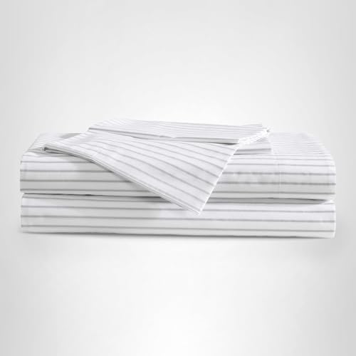 Eddie Bauer - Sheet Set, Luxurious Cotton Percale Bedding with Matching Pillowcases, Crisp & Cool, Fully Elasticized (Arden Stripe Grey, Full) Eddie Bauer
