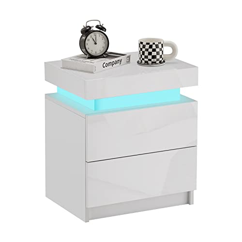 CLIPOP Modern Nightstand, LED Night Stand with 2 High Gloss Chest of Drawers, Bedside Table Cabinet with Remote Control Light, Wood Matte Nightstand 20.6" Tall Bedroom Furniture, White - WoodArtSupply