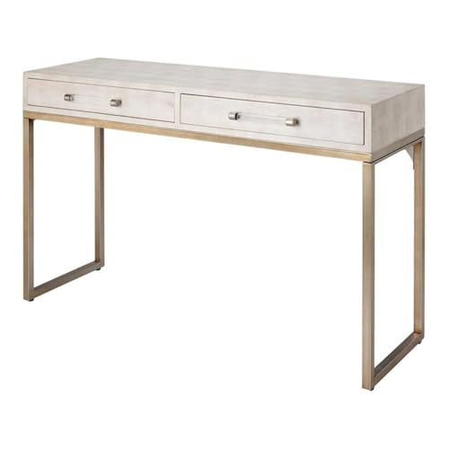 Eden Home 2-Drawer Faux Leather Console Table, Cream and Champagne Finish, 31" H x 48" W x 17" D, Clear Acrylic Handles, Iron Base, Transitional Style for Living Room or Entryway Storage Eden Home