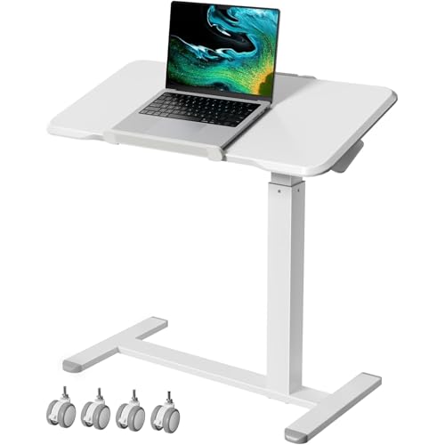 Gibbon Mounts Rolling Laptop Desk, 180° Tiltable Mobile Standing Desk Height Adjustable, Overbed Bedside Table, 32inch Portable Computer Desk with Lockable Wheels, Foldable Cart for Home Office, White Gibbon Mounts
