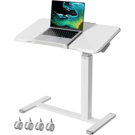 Gibbon Mounts Rolling Laptop Desk, 180° Tiltable Mobile Standing Desk Height Adjustable, Overbed Bedside Table, 32inch Portable Computer Desk with Lockable Wheels, Foldable Cart for Home Office, White Gibbon Mounts