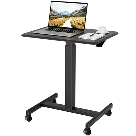 BONTEC Mobile Standing Desk Adjustable Height, Rolling Laptop Cart with Hook, Portable Workstation with Pneumatic Lift, Ergonomic Table with Wheels, Compact Home Office Desk, Black, 25.6" x 18.9" BONTEC