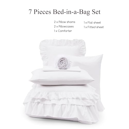 AMBERSPACE Queen Comforter Set White, Ruffle Shabby Chic Bedding Set Farmhouse 7 Pieces, All Season Fluffy Bed in a Bag with Sheets, Pillowcases & Shams AMBERSPACE