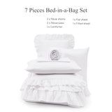 AMBERSPACE Queen Comforter Set White, Ruffle Shabby Chic Bedding Set Farmhouse 7 Pieces, All Season Fluffy Bed in a Bag with Sheets, Pillowcases & Shams AMBERSPACE