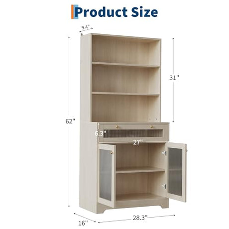 MilleLoom 62" Pantry Cabinet with Storage Drawers, Farmhouse Kitchen Hutch Bar Cabinet with 3-Tier Open Shelf & Microwave Stand, Kitchen Cupboard with Glass Door for Dining/Living Room, Wood MilleLoom