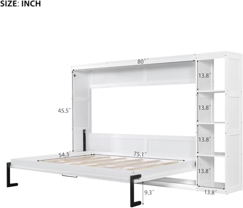 Virubi Full Horizontal Murphy Bed with Storage Shelves,Wood Fold Up Modern Murphy Wall Bed Cabinet with Storage Bookcase for Adults (White,Full) Virubi