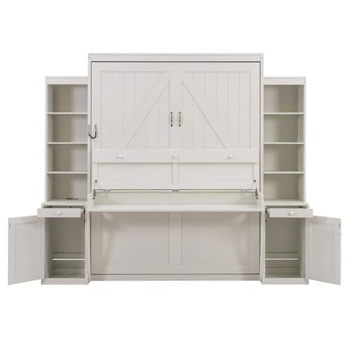 Brabrety Queen Size Murphy Bed with Desk & Storage, Space-Saving Wood Wall Bed with Drawers,for Apartments Bedroom Home Office Studio (White#B, Queen) Brabrety