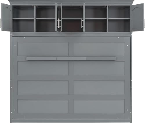 Virubi Queen Horizontal Murphy Bed with Storage Cabinet,Wood Folding Murphy Wall Bed for Adult (Grey,Queen) Virubi
