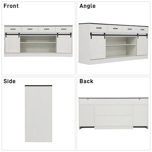 chartustriable 70” Large Long Buffet Sideboard Cabinet w/4 Drawer,Farmhouse Buffet Storage Cabinet,Sliding Door,Buffet, Credenza for Living Room,White chartustriable