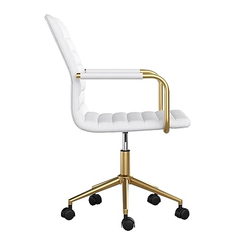 Martha Stewart Taytum Swivel Task Chair with Armrests for Home Office in White Faux Leather with Polished Brass Frame Martha Stewart