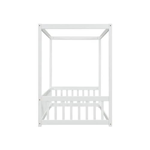 CITYLIGHT Twin Size Wood Canopy Bed with Fence Guardrails,4-Poster Canopy Floor Bed Frame,Low Profile Platform Beds for Kids Girls Boys,White