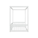 CITYLIGHT White Twin Size Wooden Canopy Bed with Guardrails for Kids CITYLIGHT