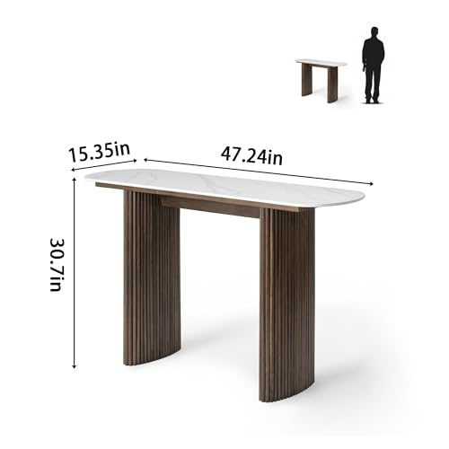 THKSHOUZ 47.24" Walnut Console Table with Sintered Stone Top, Fluted Solid Wood Base Sofa Table, Mid Century Modern Entryway Table for Hallway, Behind The Couch, Living Room, Foyer, Easy Assembly THKSHOUZ