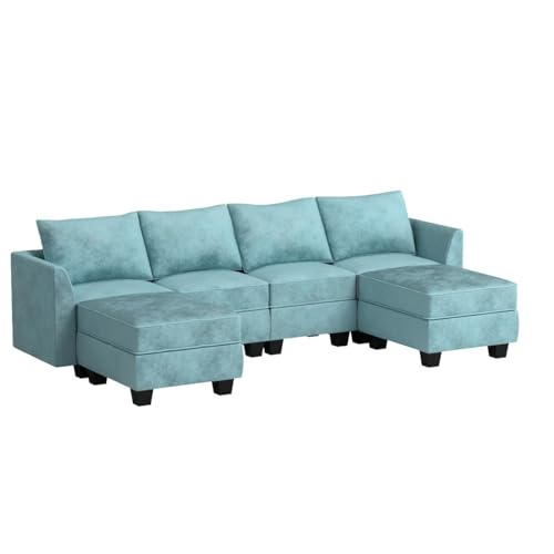 HONBAY Convertible Modular Sectional Sofa U Shaped Modular Couch with Reversible Chaise Modular Sectional Couch with Storage, Aqua Blue HONBAY
