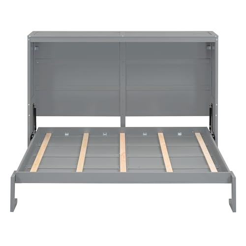 MERITLINE Full Horizontal Murphy Chest Bed,Wood Folding Grey Murphy Bed Cabinet for Adults No Box Spring Needed MERITLINE