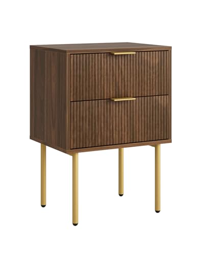 Masupu Night Stand,Mid-Century Modern Bedside Table with 2 Storage Drawer,Small Gold Frame Side End Table for Bedroom,Living Room, Walnut Masupu