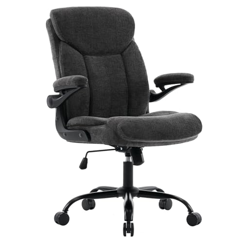 Executive Office Chair, Comfy Fabric Cloth Computer Chair Ergonomic Desk Chairs with Flip-up Armrests, Lumbar Support, 360° Swivel and Rocking Function for Home Office Chairs, Grey JOYNET
