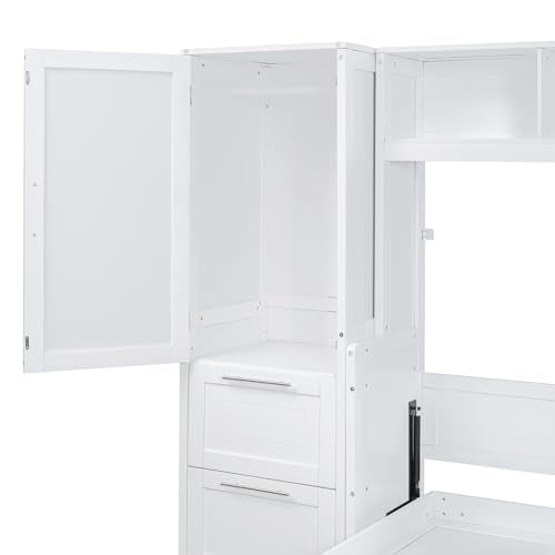 YOPTO Queen Size Horizontal Murphy Bed,Hidden Folding Wall Bed Frame with Built-in Top Shelf,Side Wardrobe & 2 Storage Drawers,Multipurpose Platform Bed,Space Saving,for Guest Room,Home Office,White YOPTO