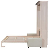 MERITLINE Queen Murphy Bed with Couch and 2 LED Lightings, Solid Wood Hideaway Murphy Wall Bed with Sofa, Farmhouse Foldable Wall Bedframe Storage Beds Cabinet, Space-Saving, Beige MERITLINE