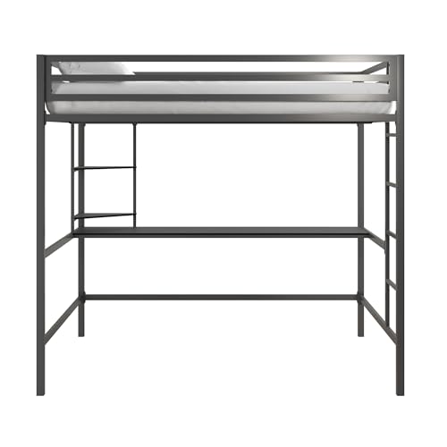 Novogratz Maxwell Grey/Black Metal Full Loft Bed with Integrated Desk & Shelves - WoodArtSupply