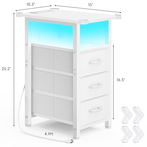 Vagusicc Set of 2 White Nightstand with Charging Station and LED Lights, Narrow End Table, LED Night Stand with 3 Fabric Drawers for Bedroom, Small Bedside Table, Narrow Side Table for Small Spaces Vagusicc