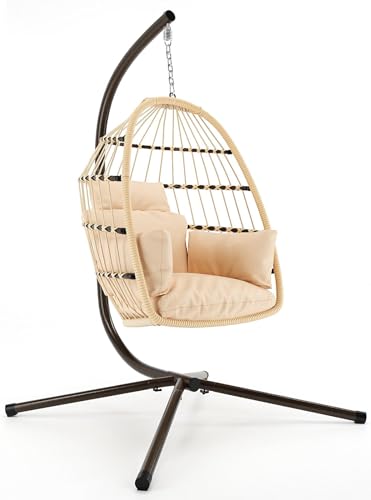 CHINNLUU Foldable Hanging Egg Chair with Stand Indoor Outdoor Swing Chair Rattan with Cushions Capacity 350lbs for Patio, Bedroom, Garden and Balcony