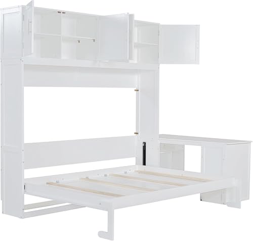 Virubi Queen Horizontal Murphy Bed with Desk and Storage Cabinets,Wood Murphy Wall Bed Queen Size Fold Up Bed Adult Murphy Bed Cabinet Queen Hideaway Bed for Guest Room Living Room Bedroom (White) Virubi
