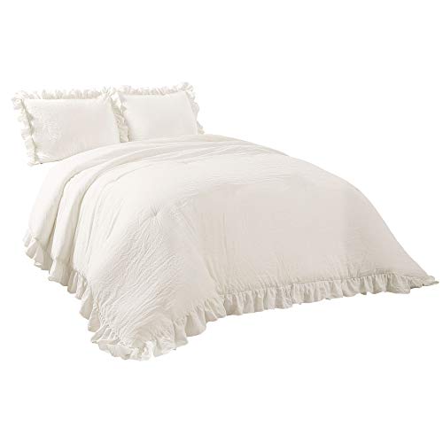 Lush Decor Reyna Ruffle Comforter Set - 3 Piece Cozy Ruffled Bedding Set - Timeless Elegance and Comfort for Dorm Room - Full/ Queen, White Lush Decor