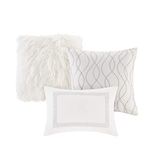 Madison Park Signature Glam Cozy Comforter Set - All Season Bedding Combo Filled Insert and Removable Duvet Cover, Shams, Decorative Pillows, Metallic White King(110"x96") 10 Piece Madison Park